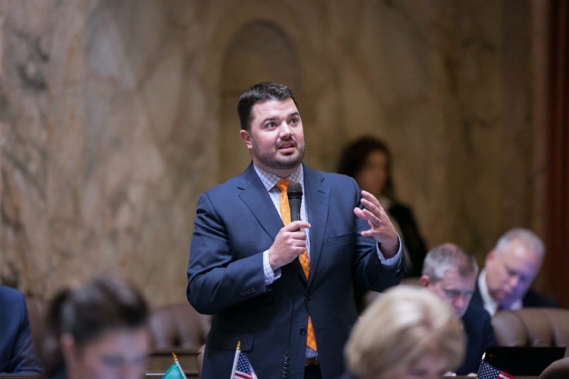 Brandon Vick speaks as the Washington State House of Representatives convenes for floor debate on April 12, 2019.
